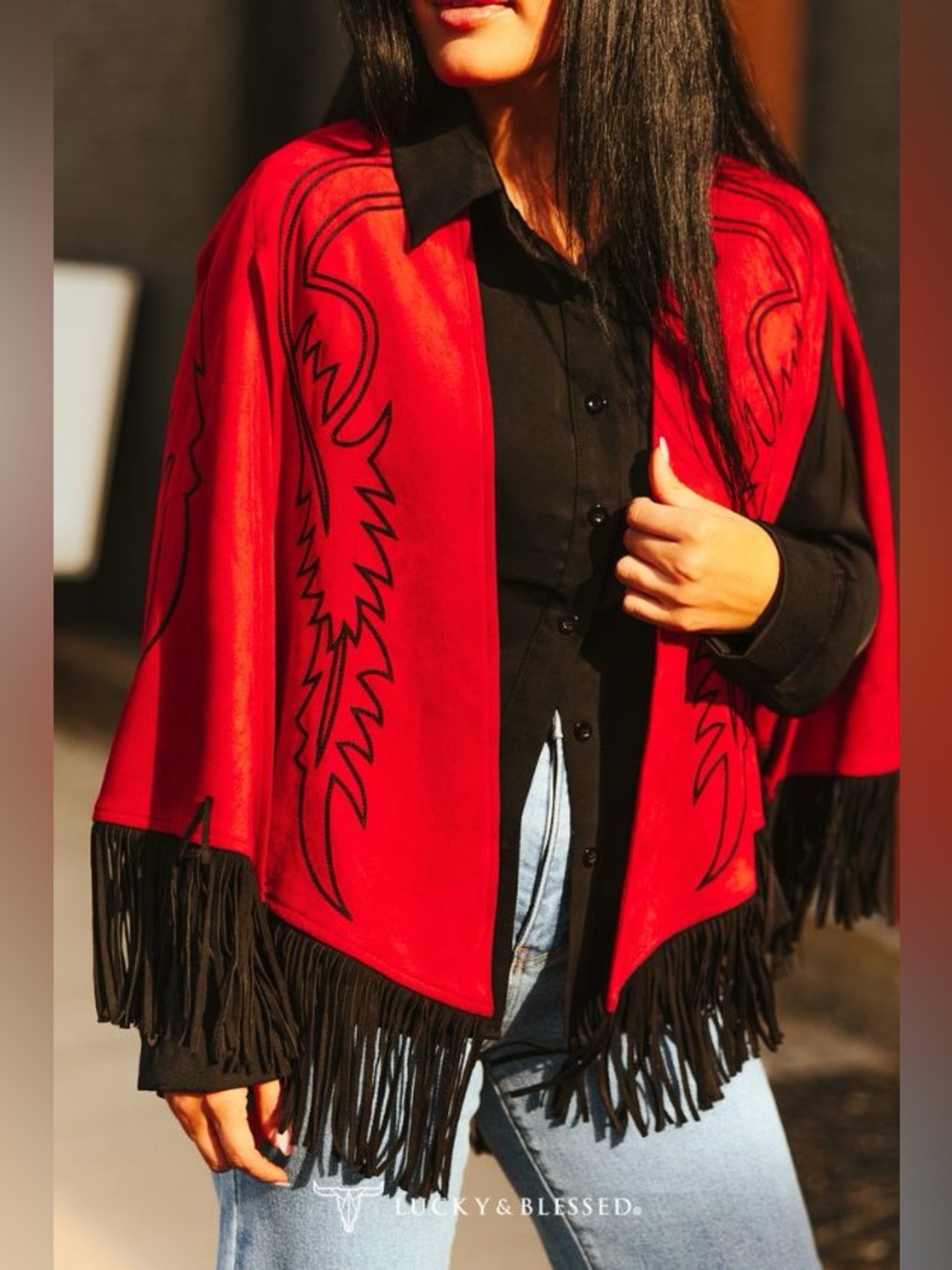 Lucky & Blessed Red Suede Boot Stitch Embroidered Fringe Western Cape